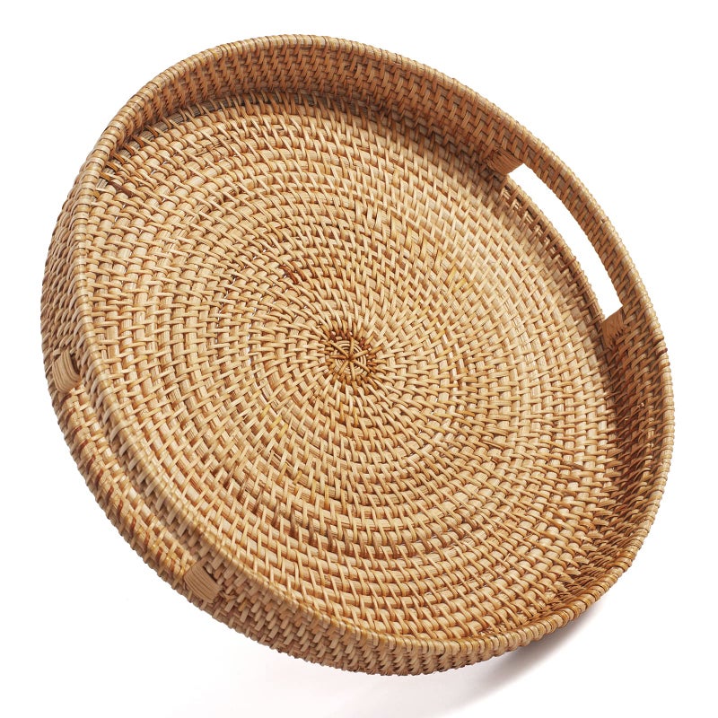 DECRAFTS Coffee Table Tray Round Rattan Ottoman Tray Woven Serving Trays with Handles for Home and Kitchen Decorative Natural (Large 14 inch x 2.4 inch) - Image 1